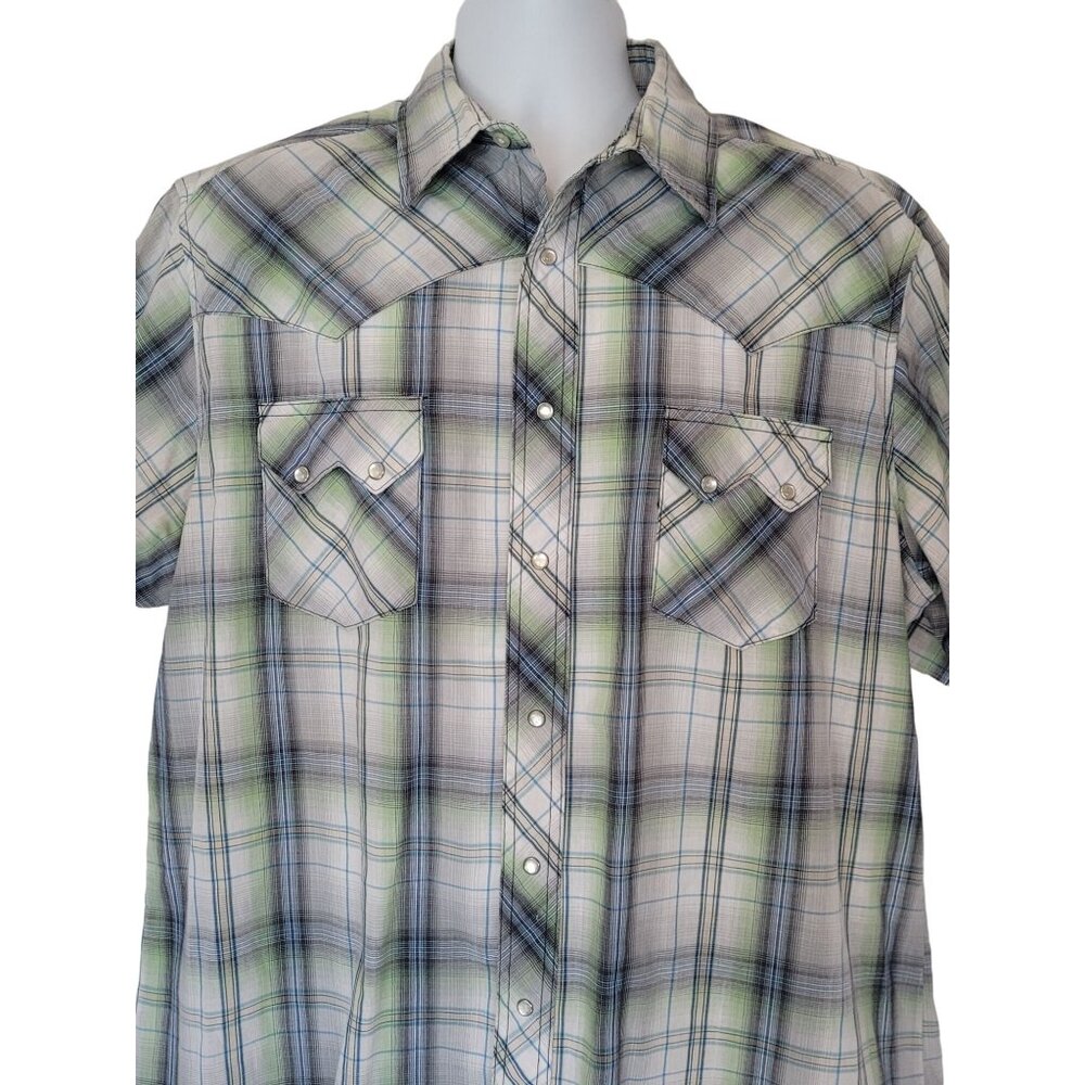 Wrangler Shirt XXL Mens Short Sleeve Plaid Western Pearl Snap Front Pockets Coll